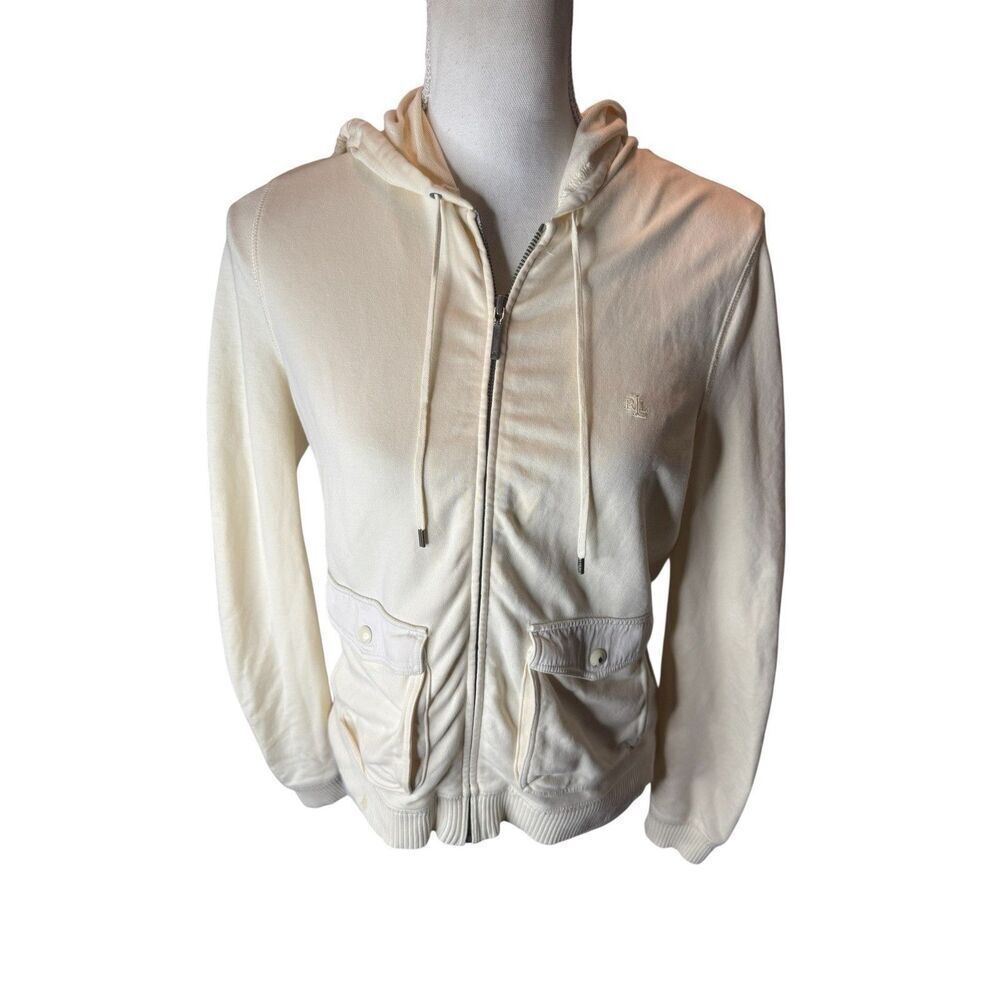 L-RL LAUREN ACTIVE RALPH LAUREN White Full Zip Hooded Sweater Size PS